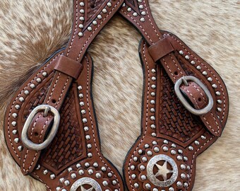 Pair Men’s Western Basketweave Tooled Medium Oil Leather Spur Straps FREE SHIPPING