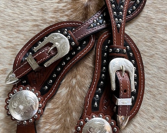 Pair Adult Size Leather Western Spur Straps Engraved Silver FREE SHIPPING