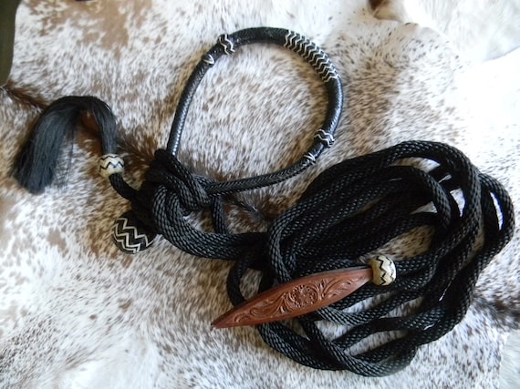 Black Genuine Rawhide Bitless Bosal and Mecate Rein Set Horse Size