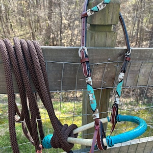 Teal Beaded Horse Size Bitless Hackamore Rawhide Bosal Brown Nylon Mecate Rein