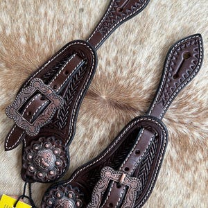 Pair Adult Size Top Grain Tooled Leather Western Tooled Spur Straps FREE SHIPPING