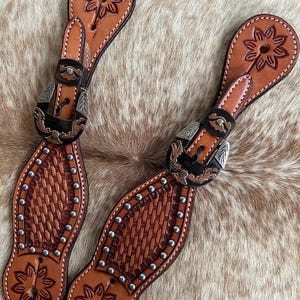 Pair Adult Basketweave Tooled Top Grain Leather with Silver Dots Western Spur Straps FREE Shipping