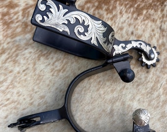 Pair Adult Size Black Steel Western Spurs Engraved Silver Scrollwork  FREE SHIPPING