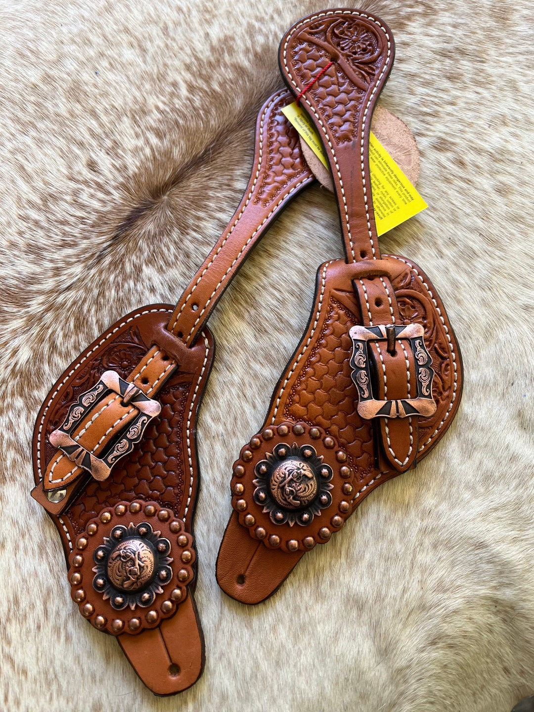 Étrivières De Femme Showman - Vannerie Cuir Rose - Conchos Cristal - Western