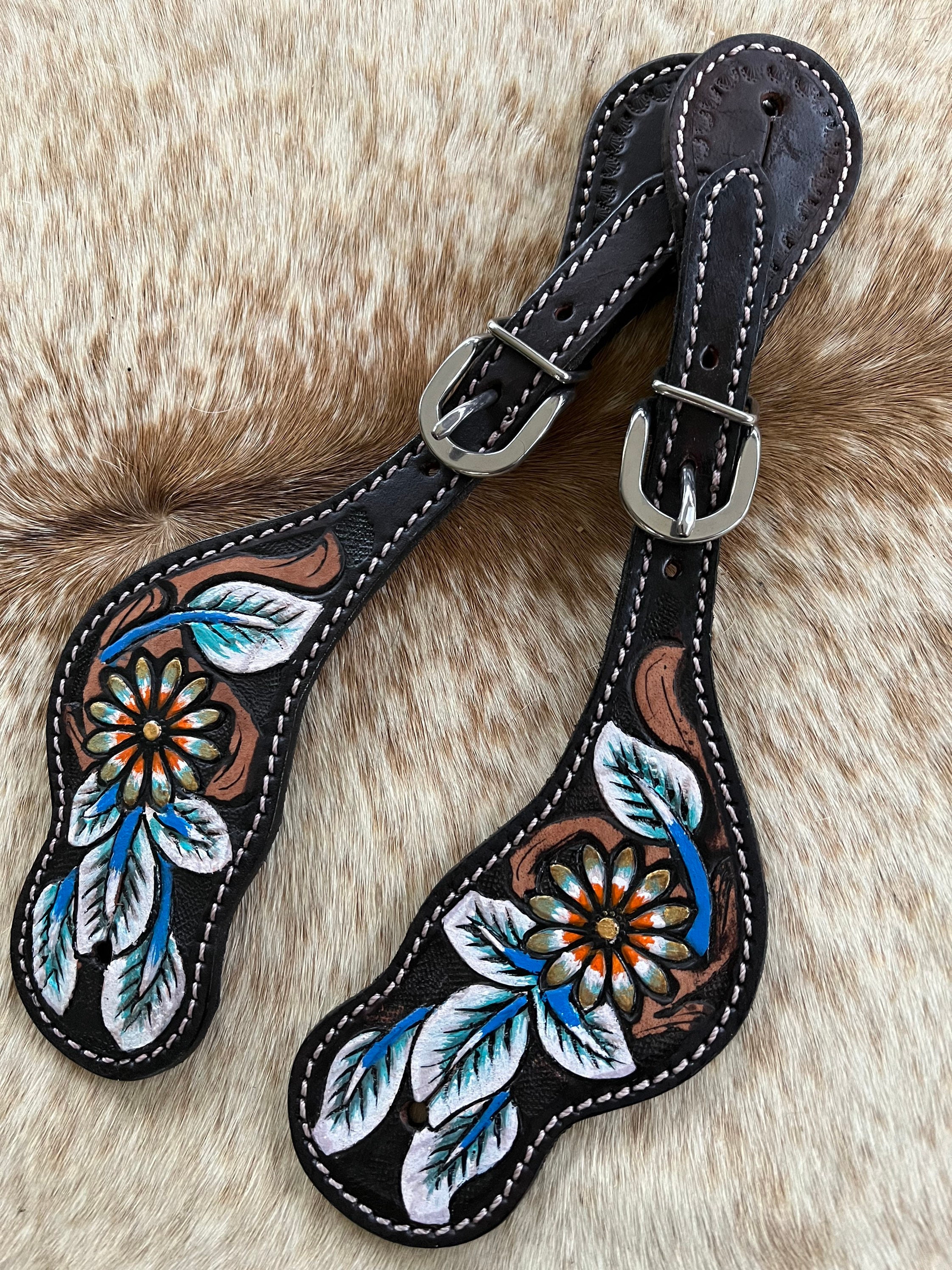 Pair Ladies Dark Chocolate Leather Western Spur Straps Handpainted Floral Design