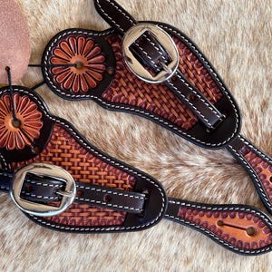 Pair Adult Size Top Grain Basketweave Tooled Leather Western Tooled Spur Straps FREE SHIPPING