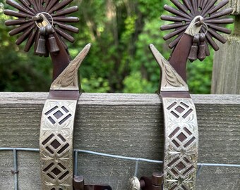 Pair Men’s Size Brown Steel Western Spurs Engraved Silver Oversized Rowels FREE SHIPPING