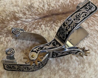 Pair Adult Size Stainless Steel Western Spurs Engraved Scrollwork over Black Inlay FREE SHIPPING