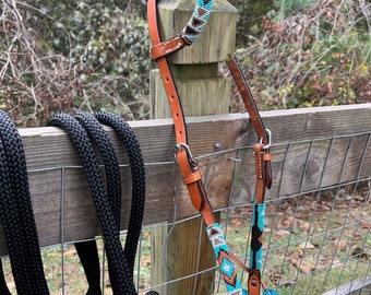 Teal Beaded Horse Size Bitless Hackamore Rawhide Bosal Black Nylon Mecate Rein FREE SHIPPING