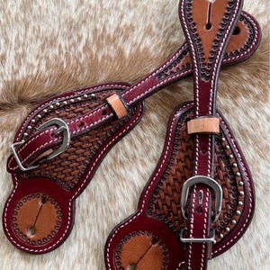 Pair Adult Size Top Grain Two Tone Leather Tooled Spur Straps FREE SHIPPING