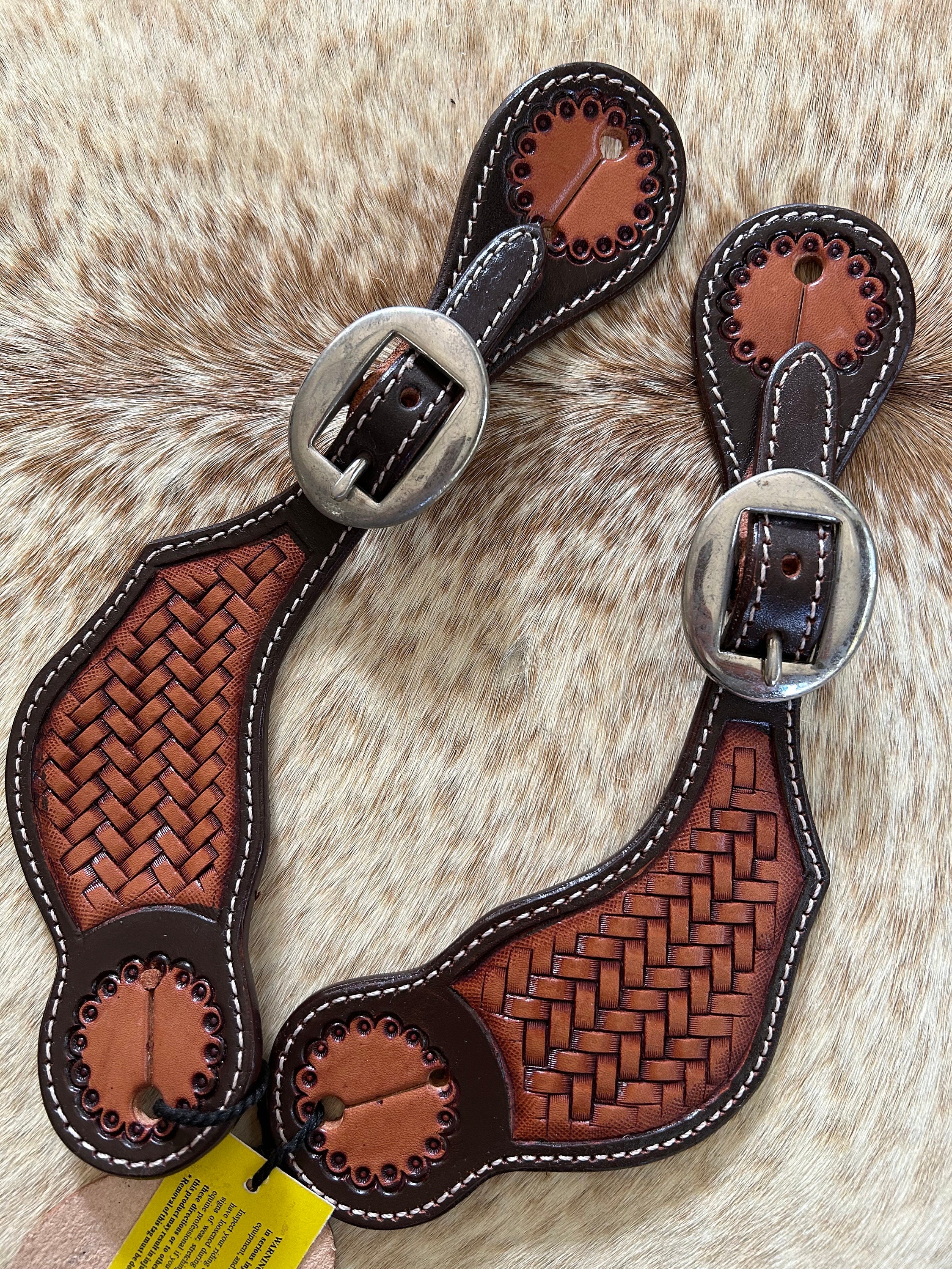 Pair Ladies Two Tone Basketweave Tooled Genuine Leather Western Spur Straps Free Ship