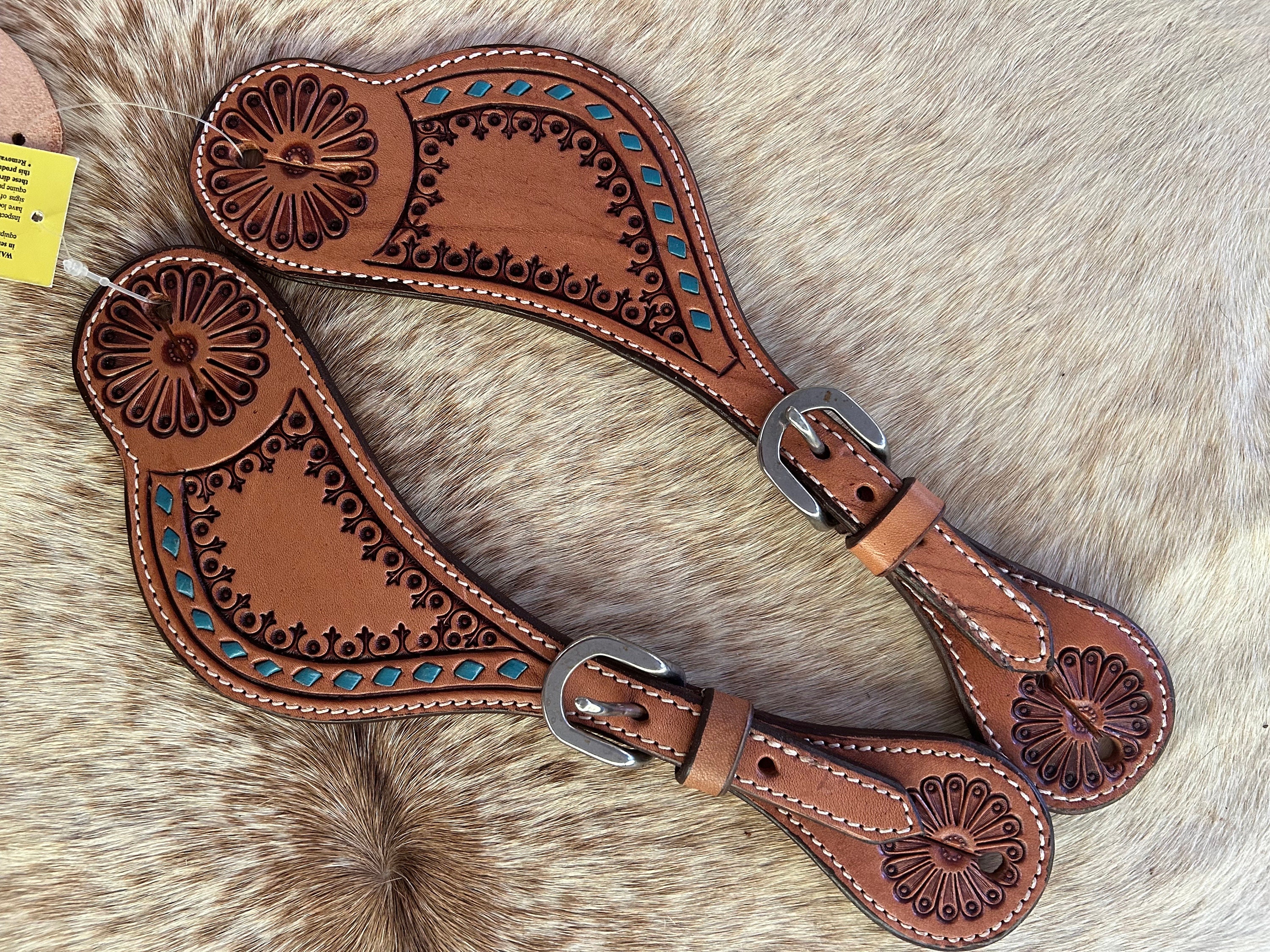 Pair Genuine Leather Ladies Size Western Spur Straps Teal Stitched Accents