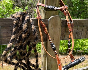 Complete Bitless Bridle Set Rawhide Bosal Horsehair Mecate Rein Horse Size FREE SHIPPING