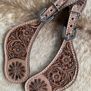 Pair Ladies Floral Tooled Leather Western Spur Straps FREE Ship