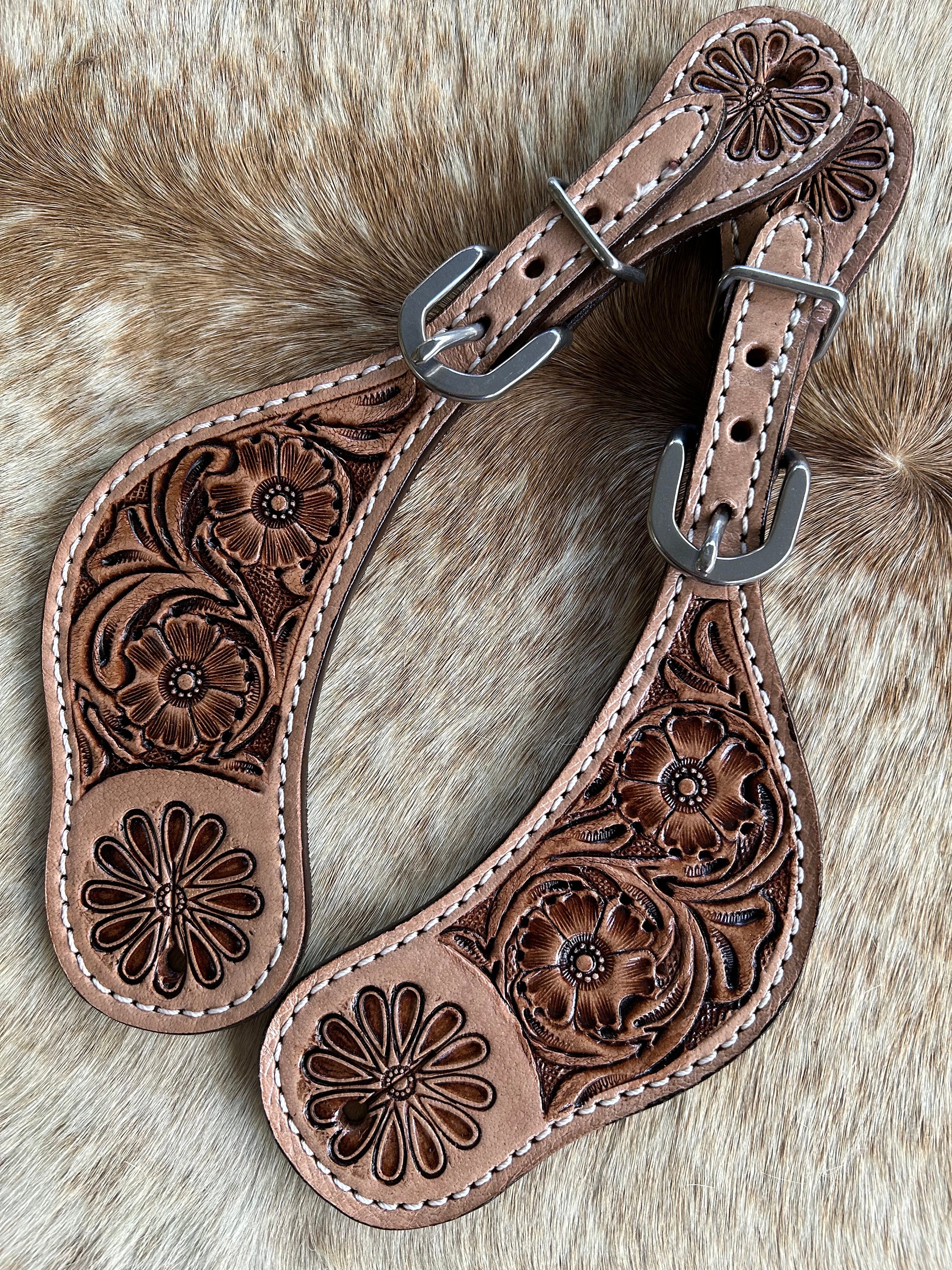 Pair Ladies Floral Tooled Genuine Leather Western Spur Straps Free Ship