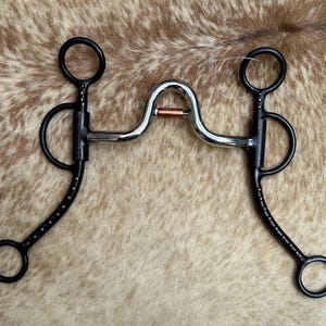 May include: A horse bit with a curved, polished metal mouthpiece and black side pieces. The side pieces have a curved design with small, decorative studs. The bit features a copper-colored center piece and circular rings.