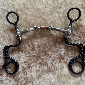 May include: A silver horse bit with black rubber rings and a copper roller. The bit has a snaffle mouthpiece and a curb chain.