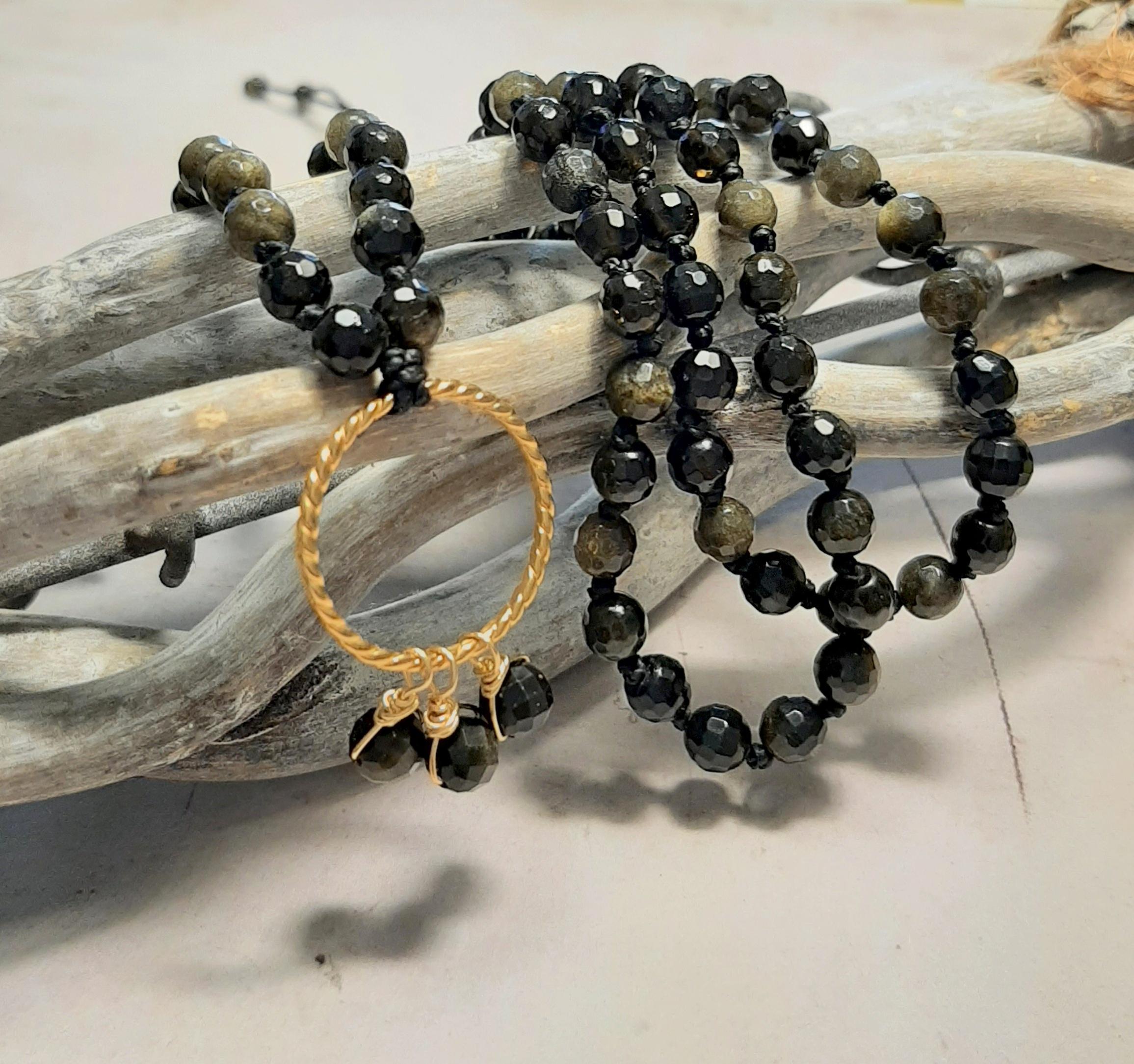Sautoir Ethnique En Os Teinté Avec Bracelet Assorti - Noir Et Turquoise, Neuf Sans Emballage