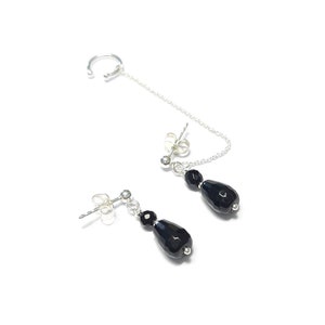 Bijou D'oreille Chaînette Onyx Argent
