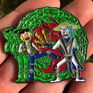 Portal Kombat Pin – Rick Raiden & Morty Cage Mortal Kombat Mashup | Funny Cartoon Pin for Gamers | Limited Edition by MKP