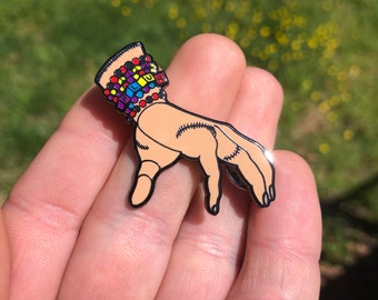 Cousin It goes to the rave, funny plur, horror inspired hat pin