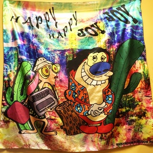 Divertido tapiz de Miedo y asco en Las Vegas de Ren y Stimpy, inspirado en Roger S. Thompson, perfecto para los fanáticos de los dibujos animados clásicos