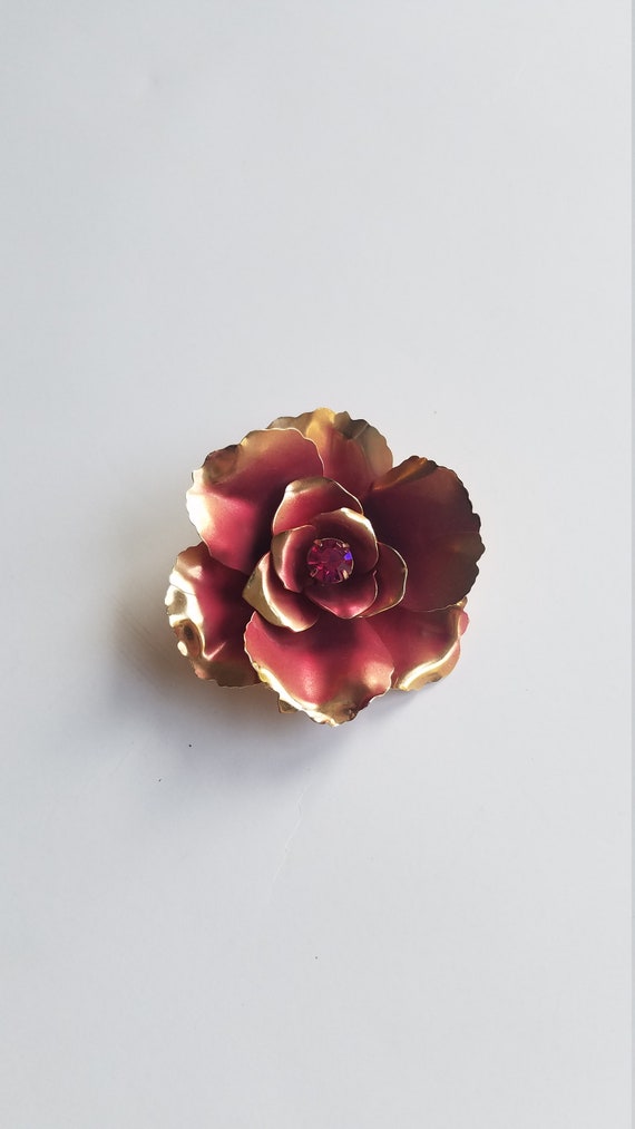 Vintage Sculpted Metal Pink and Gold Rose Brooch