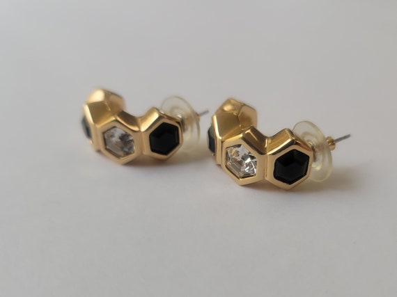 Vintage Gold Tone Onyx and Crystal Curved Pierced… - image 2