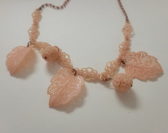 1930s Dusty Pink Celluloid Filigree Leaves Necklace