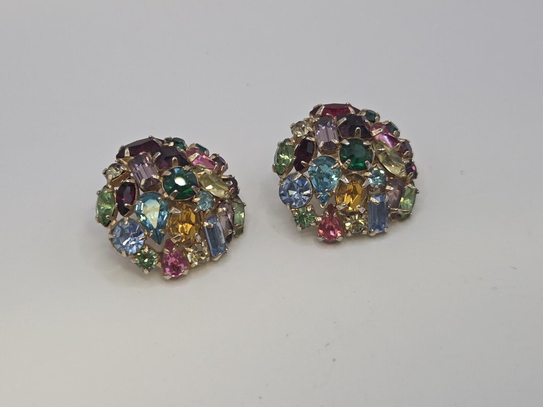 Vintage Unsigned Colorful Rhinestone Cluster Clip on Earrings - Etsy