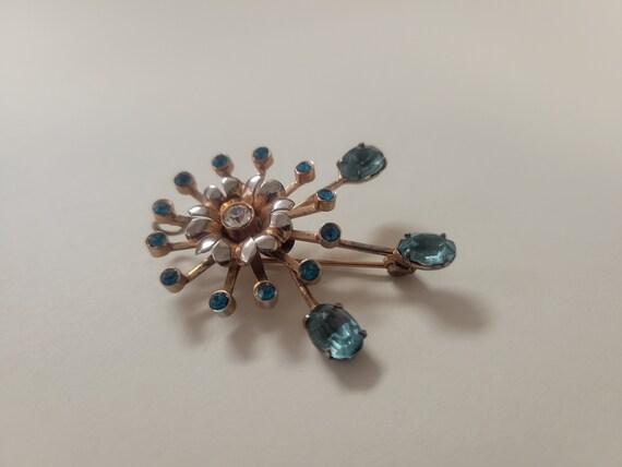 Antique Starburst Turquoise Rhinestone Dual Brooc… - image 9