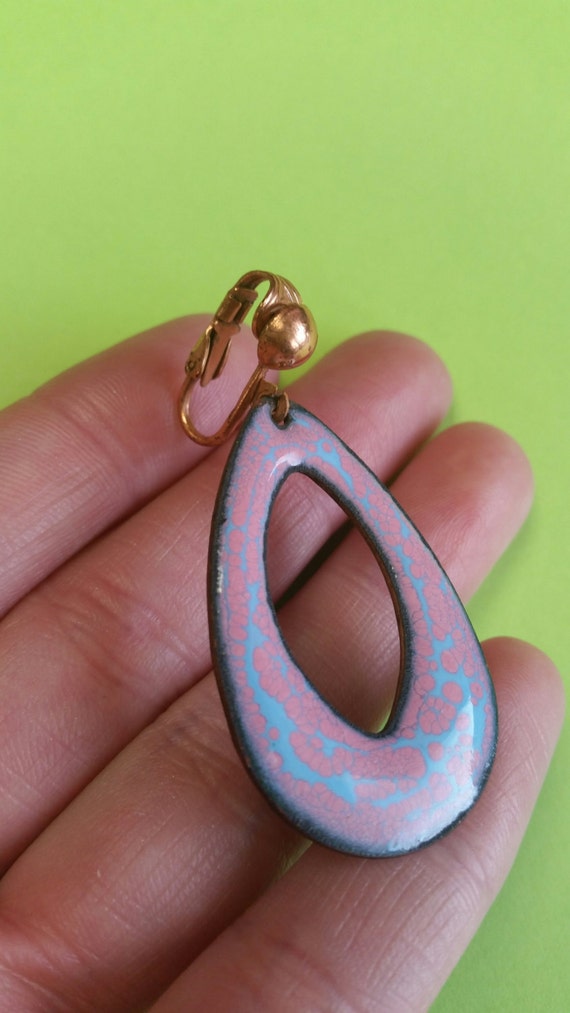 Vintage Copper and Enamel Clip On Earrings - image 3