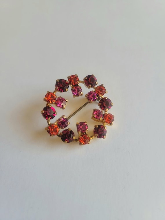 Antique Red Pink Orange Rhinestone Circle Brooch