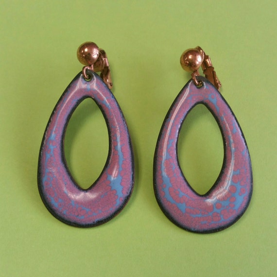 Vintage Copper and Enamel Clip On Earrings - image 1