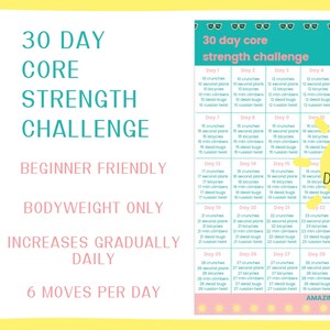 May include: A colorful 30-day core strength challenge chart. The chart is beginner-friendly and bodyweight-only, with exercises increasing daily. Includes the text "Instant PDF Download".