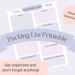 Printable Packing List Instant Download  | Trip Organizer | Travel Planner | Vacation Packing List PDF