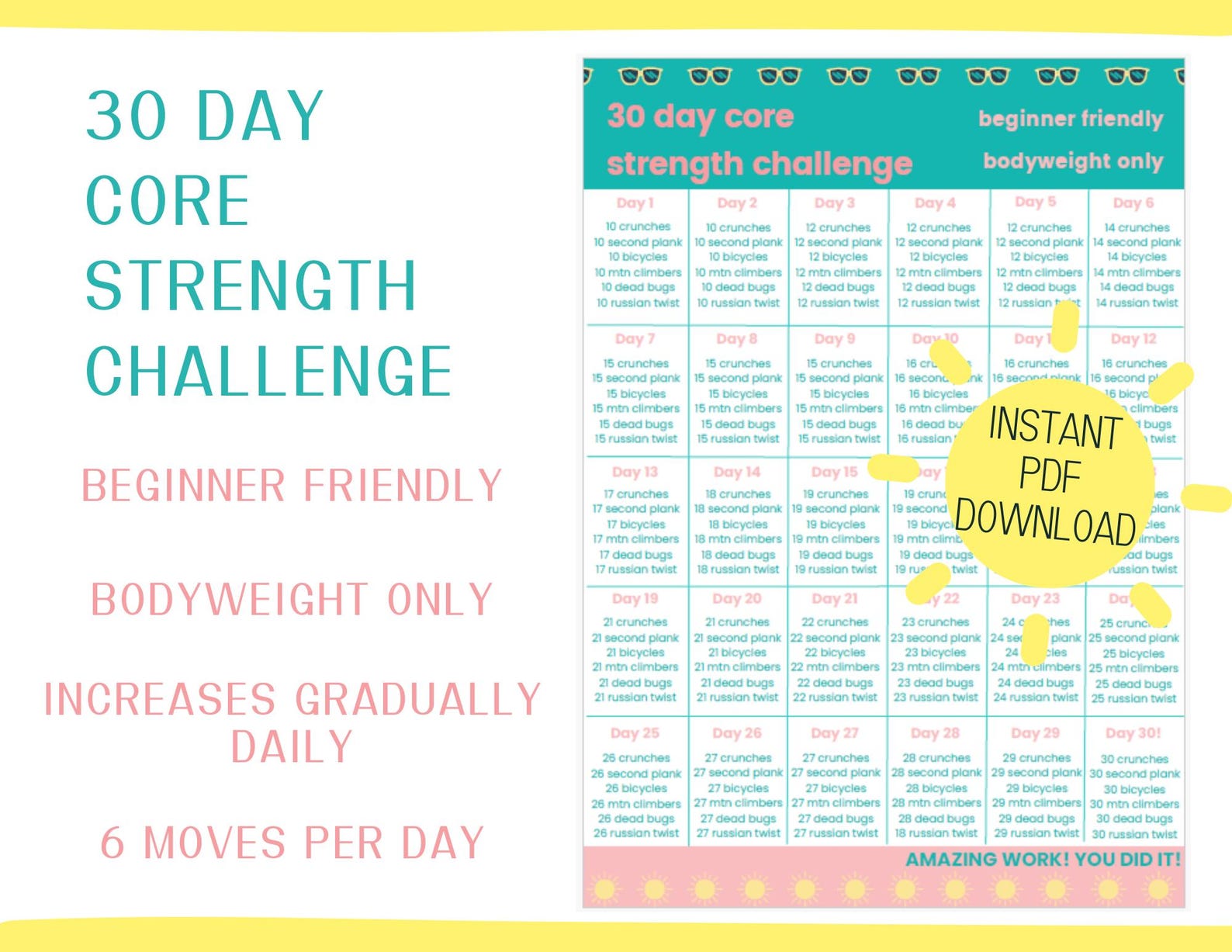 30 Day Beginner Ab Challenge: Core Strength Workout (PDF Download - Etsy