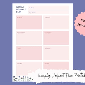 Könnte beinhalten: Ein druckbarer wöchentlicher Trainingsplaner mit einem rosa-weißen Farbschema. Der Planer hat Abschnitte für jeden Tag der Woche sowie einen Abschnitt für Ziele und Notizen. Der Text "Weekly Workout Plan Printable" befindet sich am unteren Rand der Seite.