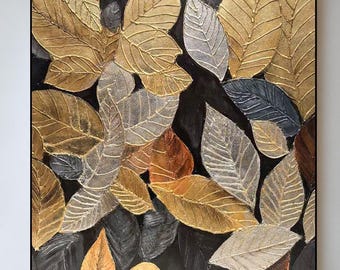 Botanisch schilderij met bladgoud op canvas: muurkunst herfstbladeren met textuur