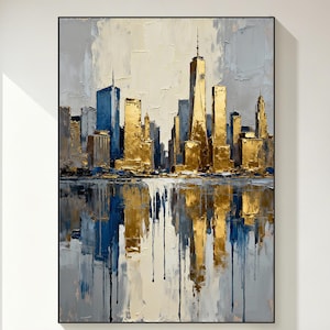 Original Gold Blue Cityscape Oil Painting, Large Reflected Skyline Canvas Art for Office or Living Room, Modern Urban Textured Wall Decor