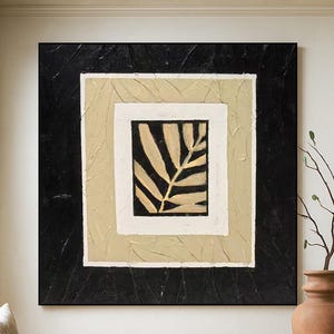 Textured Leaf Painting on Canvas: Minimalist Beige & Black Framed Art