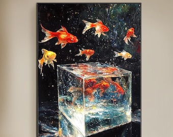 キャンバスまたはプリントのオリジナルアクリル絵画、水槽、青緑、水中