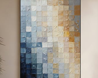 Original Abstract Oil Painting on Canvas - Impasto Textured Geometric Artwork, Blue and Gold Modern Wall Art for Living Room or Office Decor