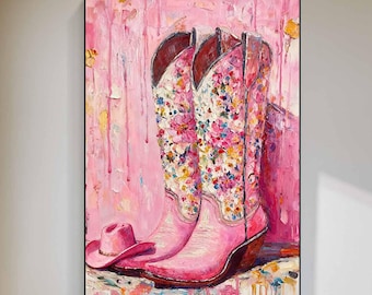 Pintura original de botas y sombrero de vaquera rosas - Arte mural floral western con efecto de goteo colorido, lienzo campestre femenino pintado a mano para la decoración del dormitorio