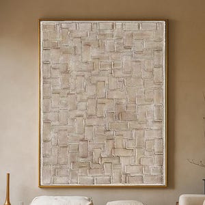 Large Textured Abstract Oil Painting: Neutral Beige Minimalist Art
