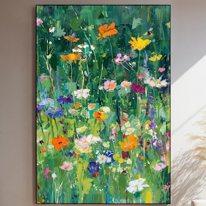 Original Hand Painted Wildflower Oil Painting on Canvas, Colorful Meadow Flowers Wall Art, Large Textured Botanical Artwork for Living Room