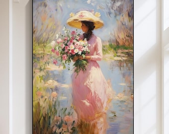 Pintura al óleo impresionista romántica pintada a mano de una mujer con vestido rosa sosteniendo flores. Gran pieza de arte mural para la decoración de una sala de estar femenina.