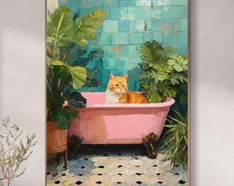 Original Cat in Pink Bathtub Oil Painting – Hand-Painted Botanical Bathroom Art with Orange Tabby