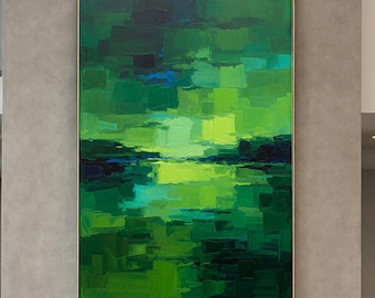 Original Hand-painted Abstract Oil Painting on Canvas, Textured Green Landscape, Modern Abstract Art for Living Room or Office Wall Decor