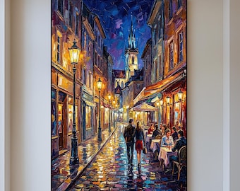 夜の街の油絵 オリジナルの街の風景画 都市景観アート 街の明かりの壁